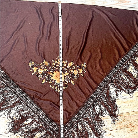 Vintage black silky fringed shawl - Picture 2 of 7